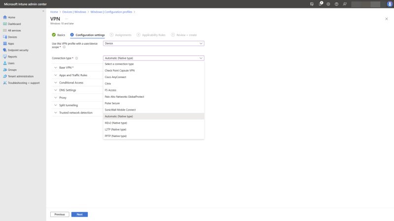 Вибір типу підключення у VPN-профілі Microsoft Intune: Automatic, IKEv2, L2TP, PPTP