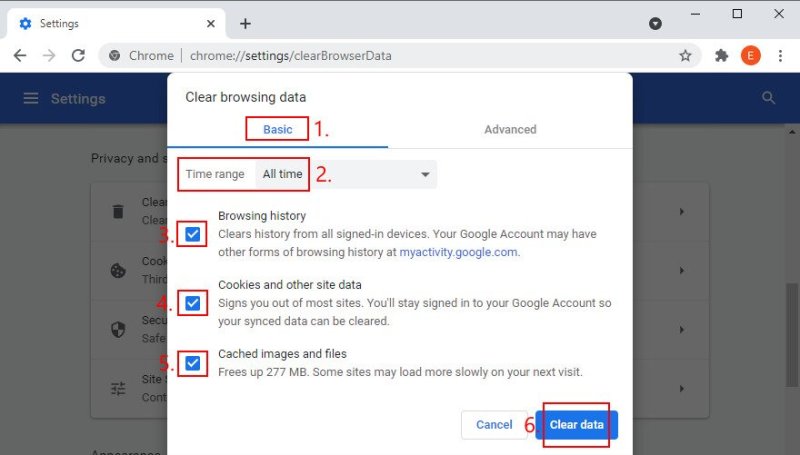Вікно очищення даних перегляду в Google Chrome