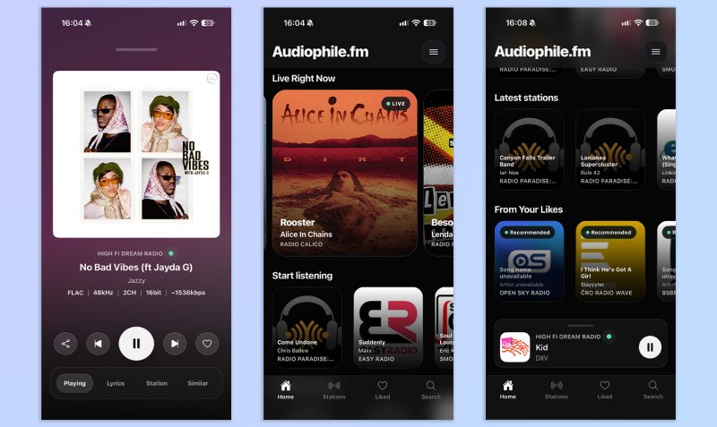 Екрани застосунку Audiophile.fm: головна, плеєр і рекомендації станцій