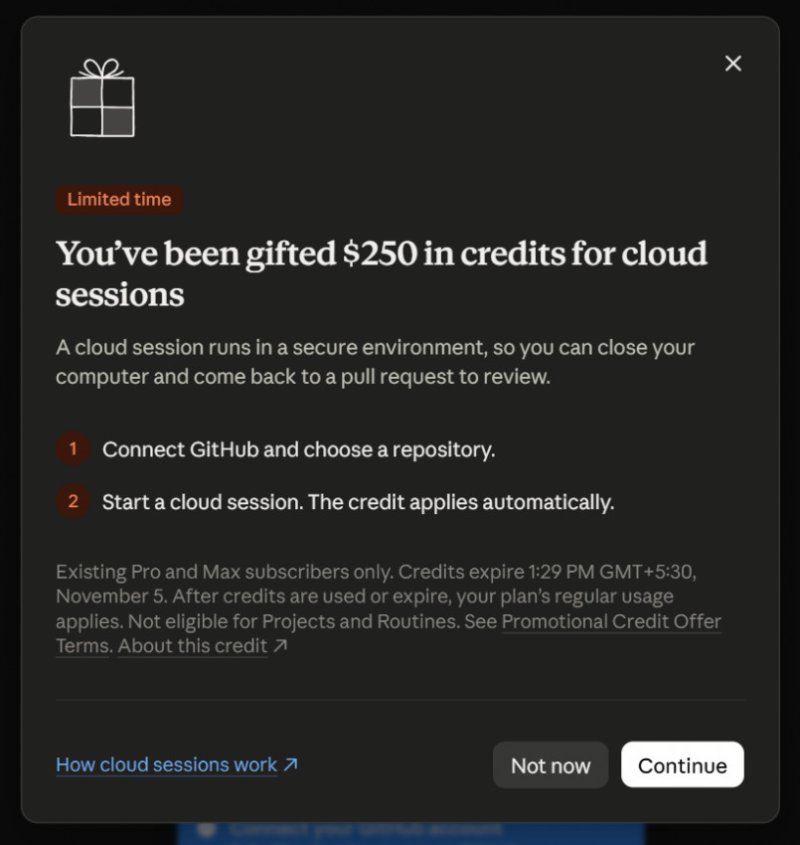 Вікно отримання кредиту $250 на хмарні сесії Claude Code