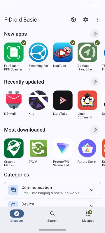 Екран «Огляд» у F-Droid 2.0 з рядами нових, оновлених і популярних застосунків