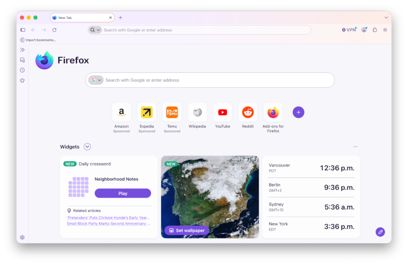 Нова вкладка Firefox 157 з ярликами, віджетами та шпалерами