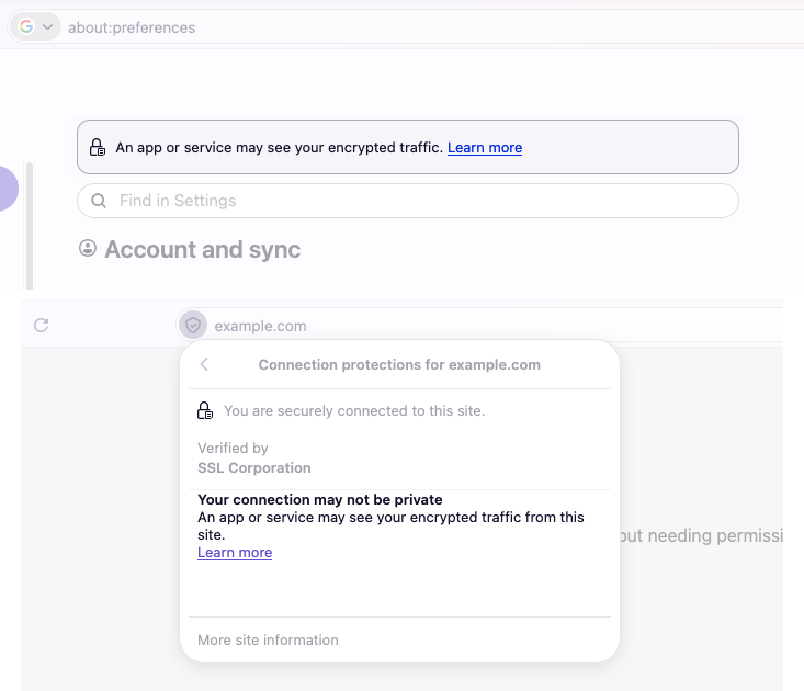 Попередження Firefox про те, що зашифрований трафік може бути видимий