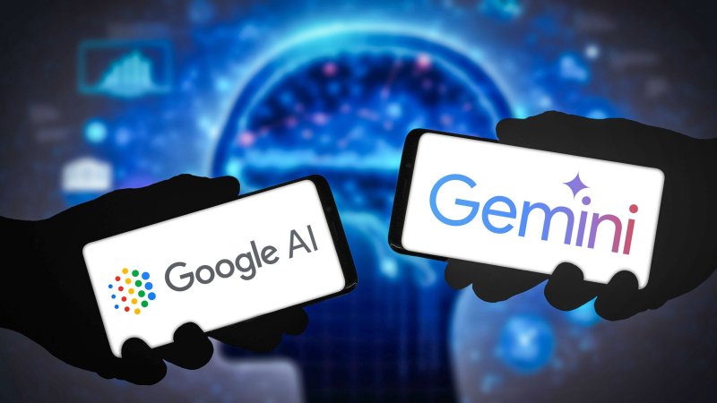 Логотипи Google AI і Gemini на екранах двох смартфонів