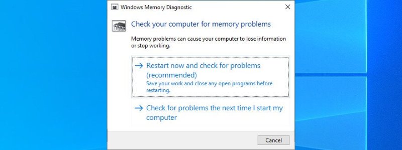 Вікно засобу діагностики пам'яті Windows з вибором негайного перезавантаження
