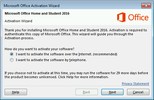 Майстер активації Microsoft Office Home and Student 2016