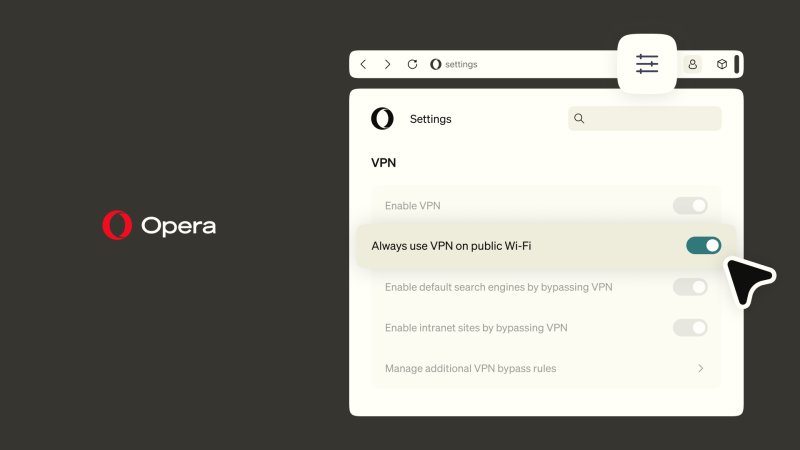 Перемикач Always use VPN on public Wi-Fi у розділі VPN налаштувань Opera