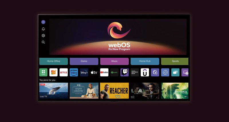 Головний екран webOS на телевізорі LG з розділами Home Office, Game, Music, Home Hub і Sports